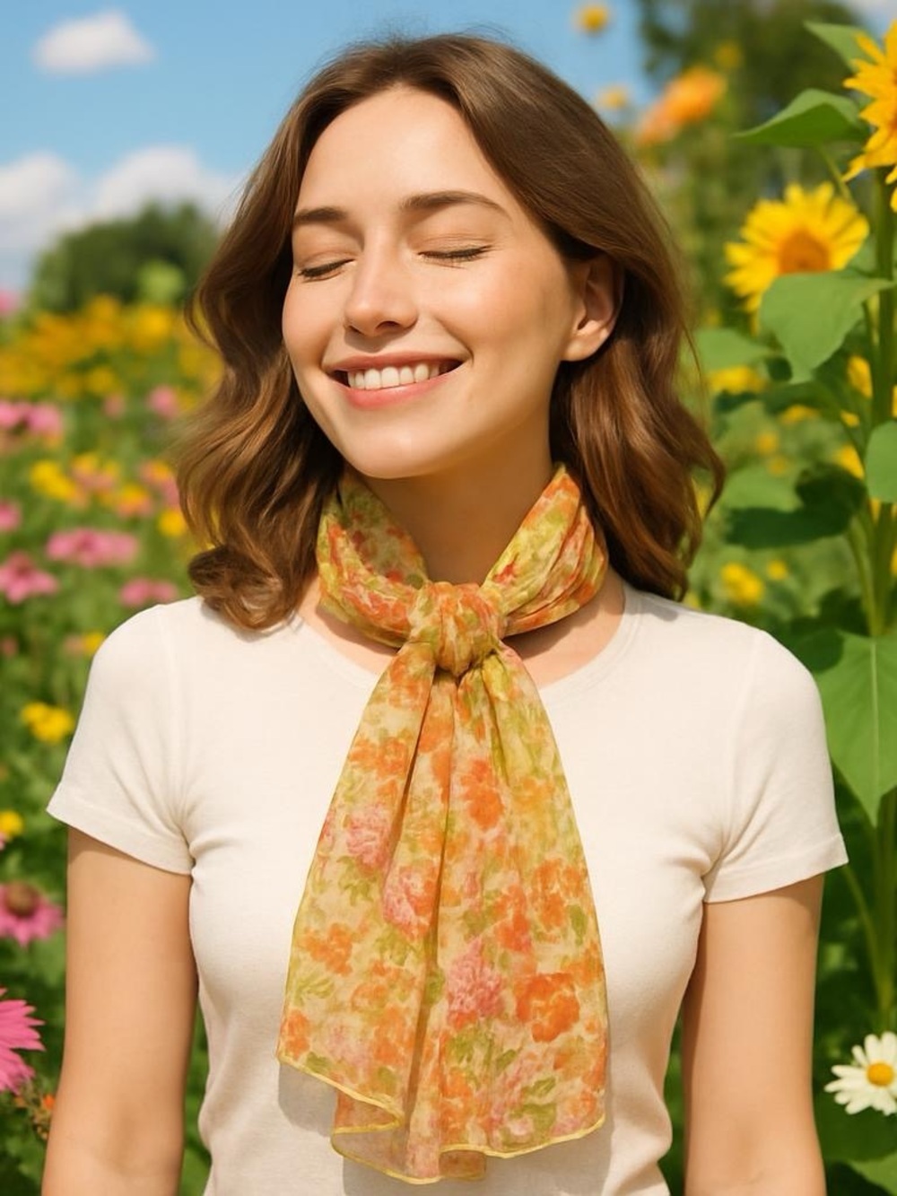 Echo Floral Silk Scarf in Yellow, Pink & Green